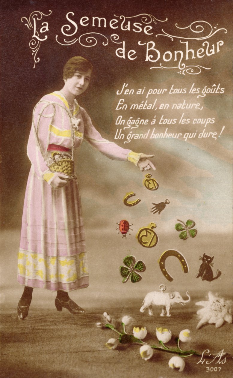 Französische Postkarte, die La Semeuse de Bonheur (Die Säerin des Glücks) darstellt, 29. März 1914 von French School