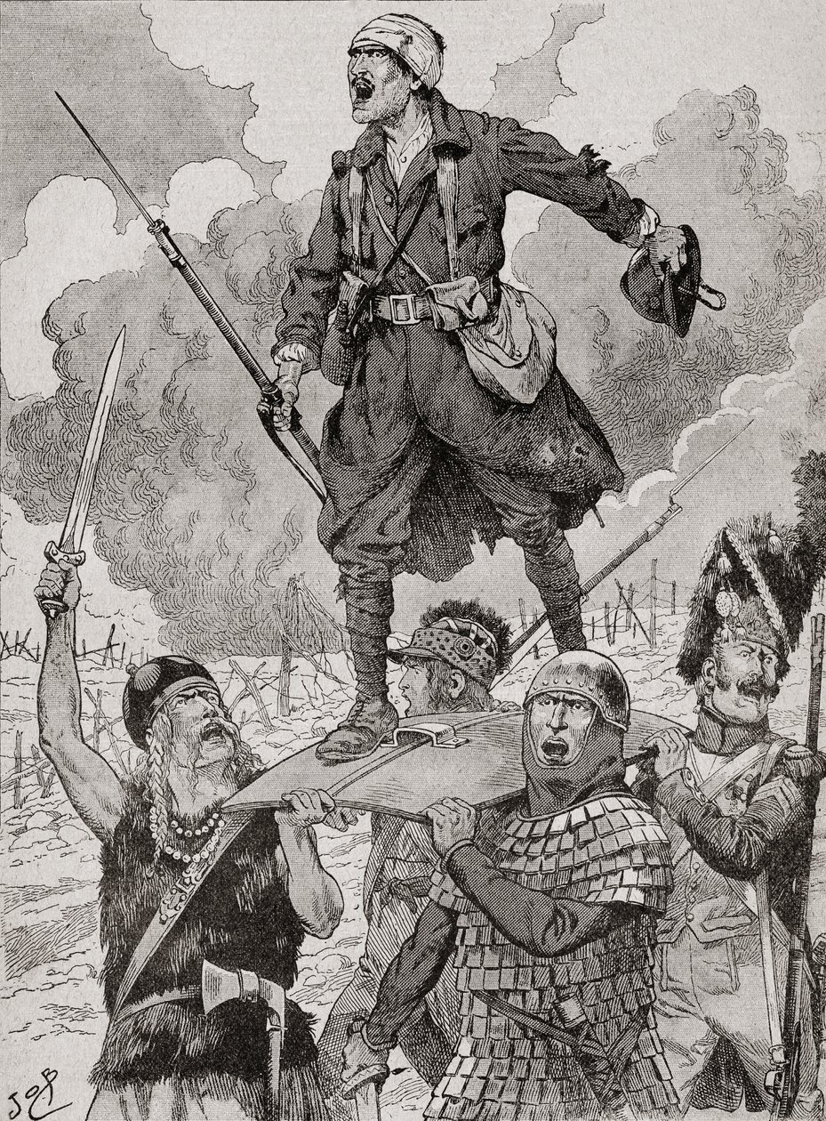 Französisches Propagandaposter mit dem Titel "On Les Aura", oder Wir werden sie haben. Vier Soldaten aus verschiedenen historischen Epochen tragen einen verwundeten, aber trotzigen Soldaten des Ersten Weltkriegs auf einem Schild. Aus Agenda Buvard du Bon M von French School