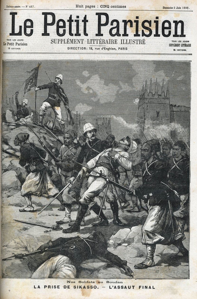 Französische Soldaten im Sudan: Mai 1898. Plünderung von Sikasso durch Oberst Audeoud (Sudan). Die Eroberung von Sikasso. Titelblatt von „Le petit Parisien“ vom Juni 1898 von French School