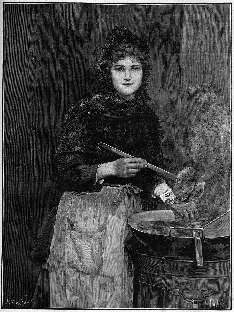 Pommes-Frites-Händler; Gravur von 1888 nach dem Gemälde von Achilles Foald. von French School