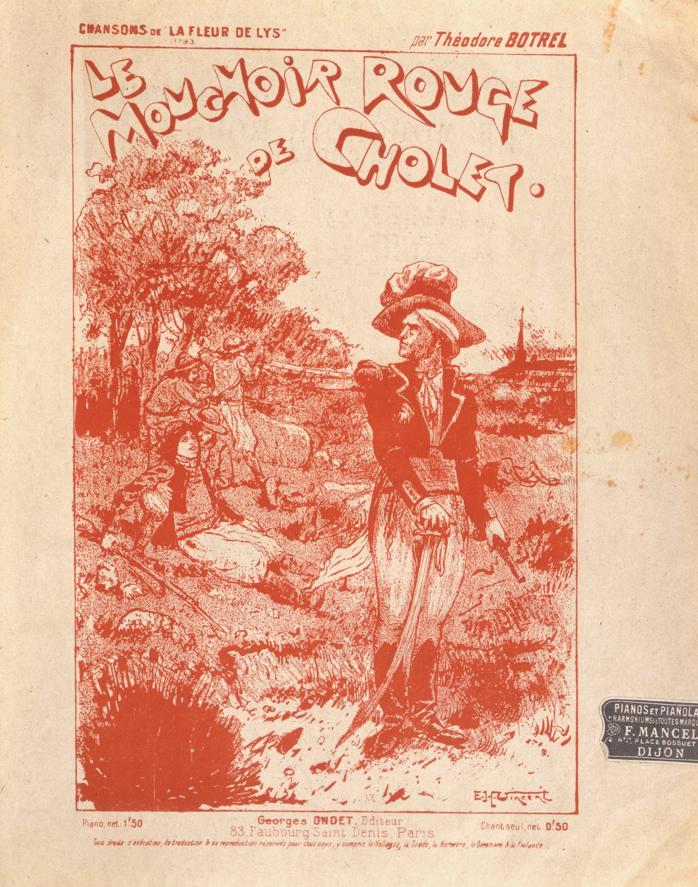 Titelblatt der Partitur des Liedes Le Mouchoir Rouge de Cholet, geschrieben und komponiert von Théodore Botrel von French School
