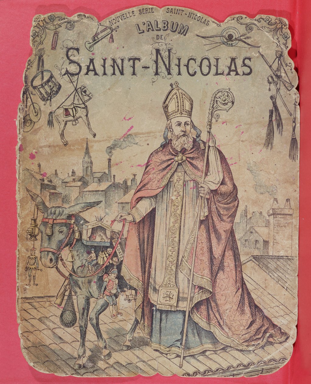 Vorderseite eines Bilderalbums, das den heiligen Nikolaus zeigt, wie er den Kindern Geschenke bringt, spätes 19. Jahrhundert von French School