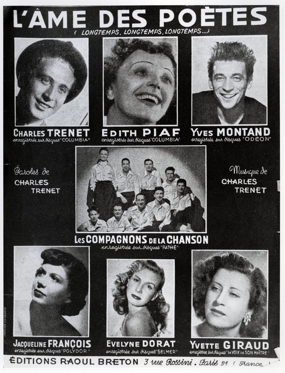 Titelseite der Partitur des Liedes LAme des Poetes mit Text und Musik von Charles Trenet, veröffentlicht in Paris von Editions Raoul Breton von French School