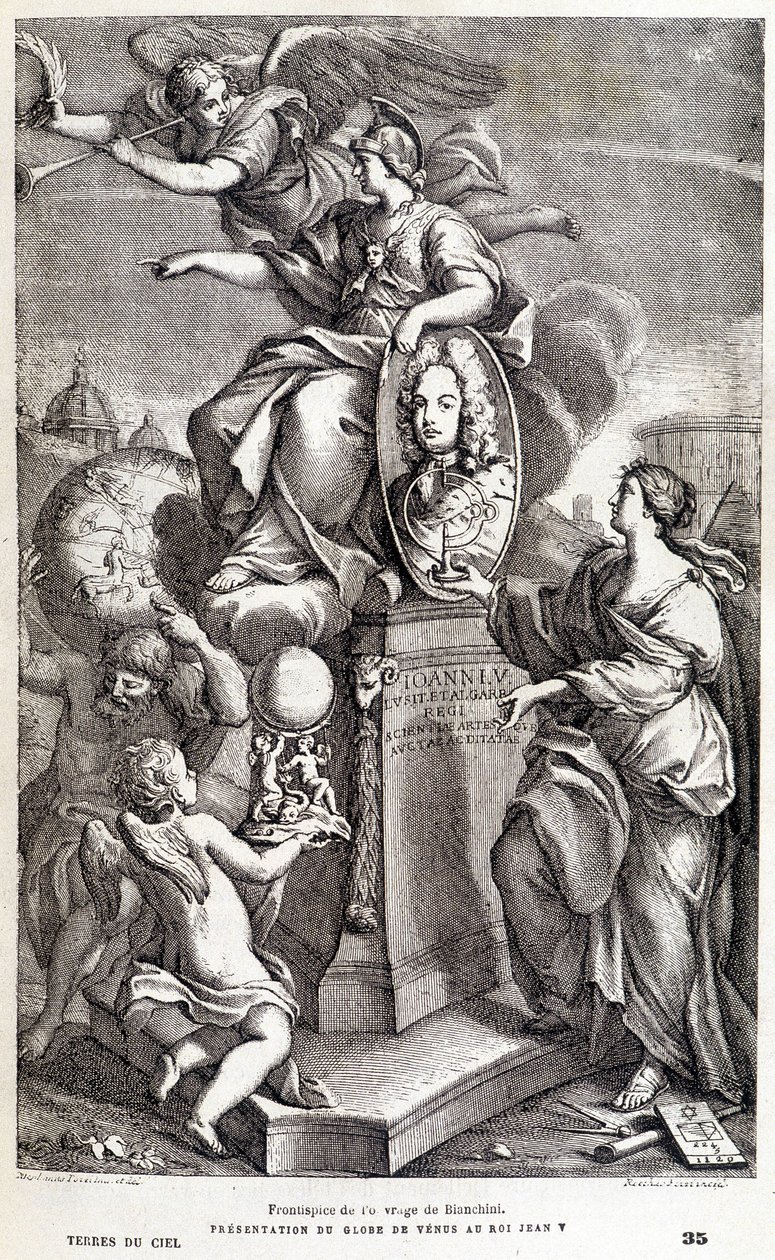 Frontispiz des Werkes von Bianchini über Venus (ca. 1727) - in „Les terres du ciel“ von Camille Flammarion, ed. Marpon & Flammarion, Paris von French School