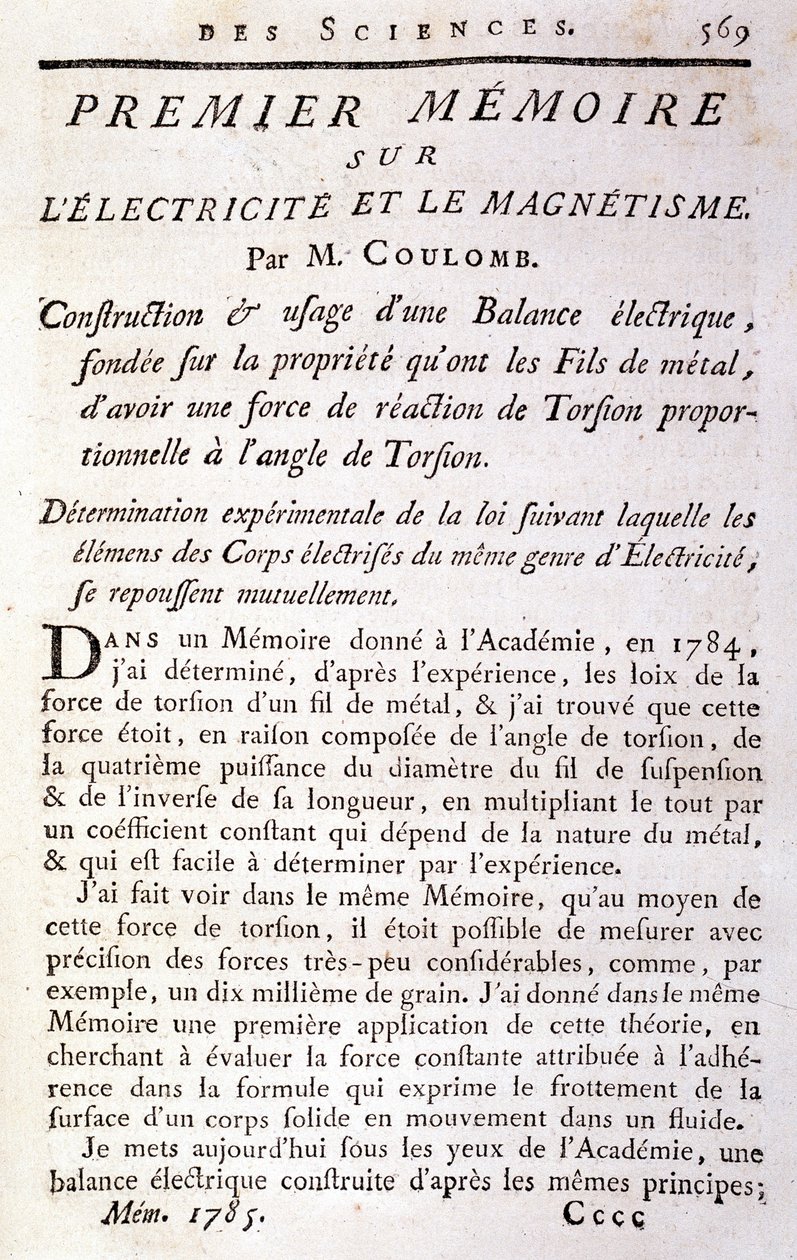 Frontispiz des Buches „Erstes Memoir über Elektrizität und Magnetismus“ von Coulomb von French School
