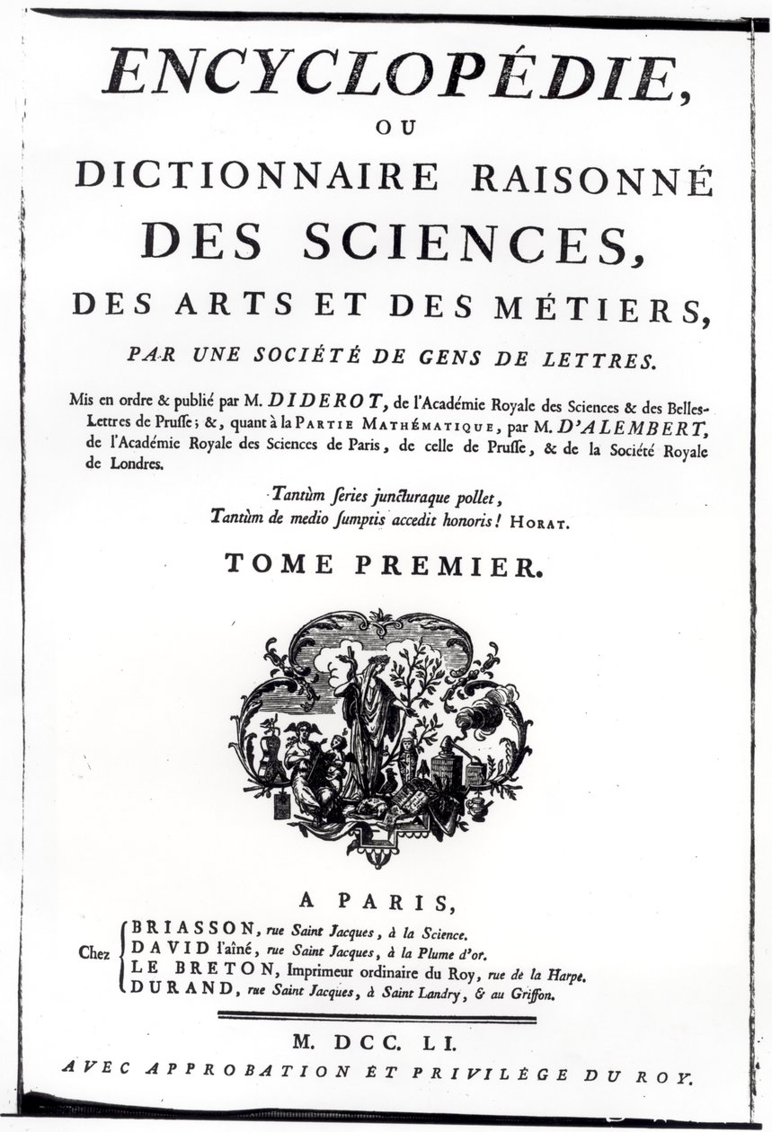 Frontispiz zur Enzyklopädie der Wissenschaft, Kunst und Technik von Denis Diderot (1713-84), veröffentlicht in Paris, 1751 von French School