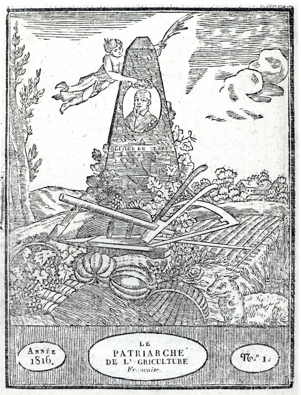 Frontispiz zu einem landwirtschaftlichen Almanach mit einem Porträt von Olivier de Serres (1539-1619), 1816 von French School