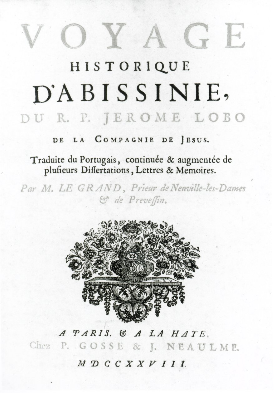 Frontispiz zur französischen Übersetzung von Voyage to Abyssinia von Jeronimo Lobo, veröffentlicht 1728 von French School