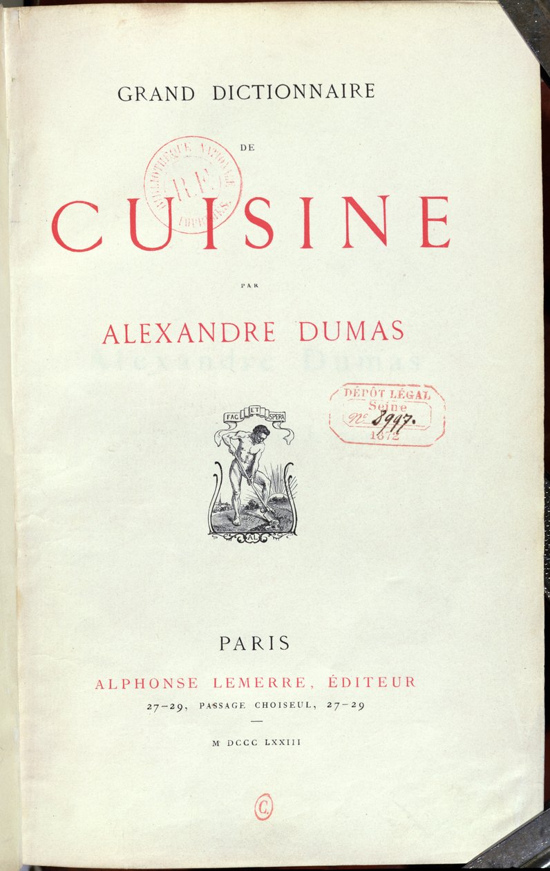 Frontispiz zum Grand Dictionnaire de Cuisine von Alexandre Dumas père (1803-70) 1873 von French School
