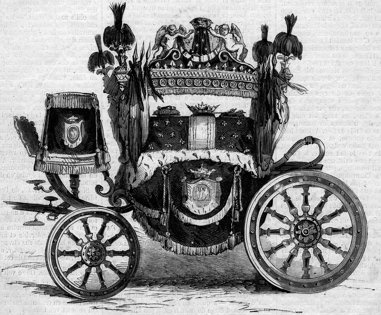 Leichenwagen, der während der Beerdigung von Prinz Jerome Bonaparte (1784-1860) verwendet wurde. Gravur in „Le Monde Illustré“ Nr. 169 vom 7. Juli 1860. von French School