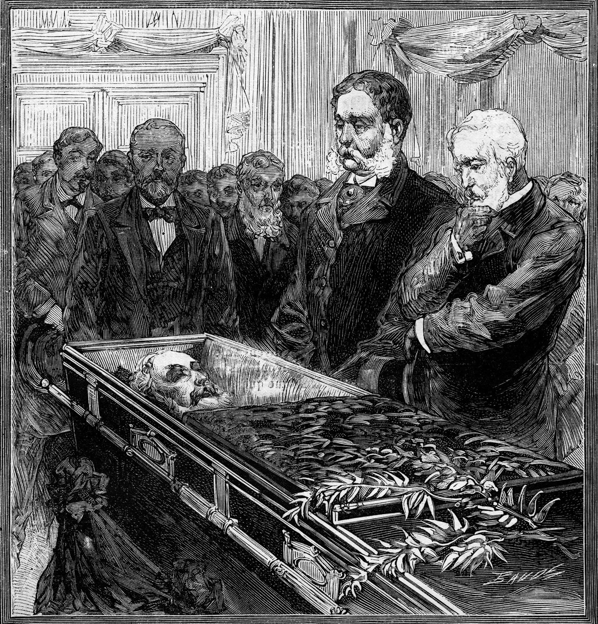 Beerdigung von James Abram Garfield (1831-1881), Präsident der Vereinigten Staaten: sein Nachfolger, Chester Alan Arthur (1830-1886) und Sekretär Blain vor dem Sarg unter der Kuppel des Washingtoner Kapitols. Gravur in „Le Monde Illustré“ Nr. 1282 von von French School