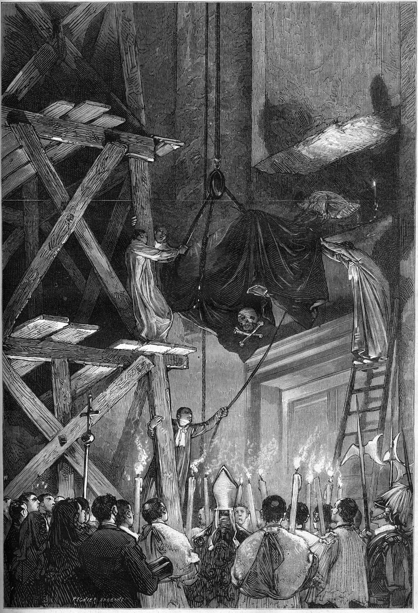Begräbnis von Papst Pius IX. (Pio) (1792-1878): die Beisetzung des Leichnams in der Basilika St. Peter in Rom. Gravur in „Le Monde Illustré“ Nr. 1093 vom 9. März 1878 von French School