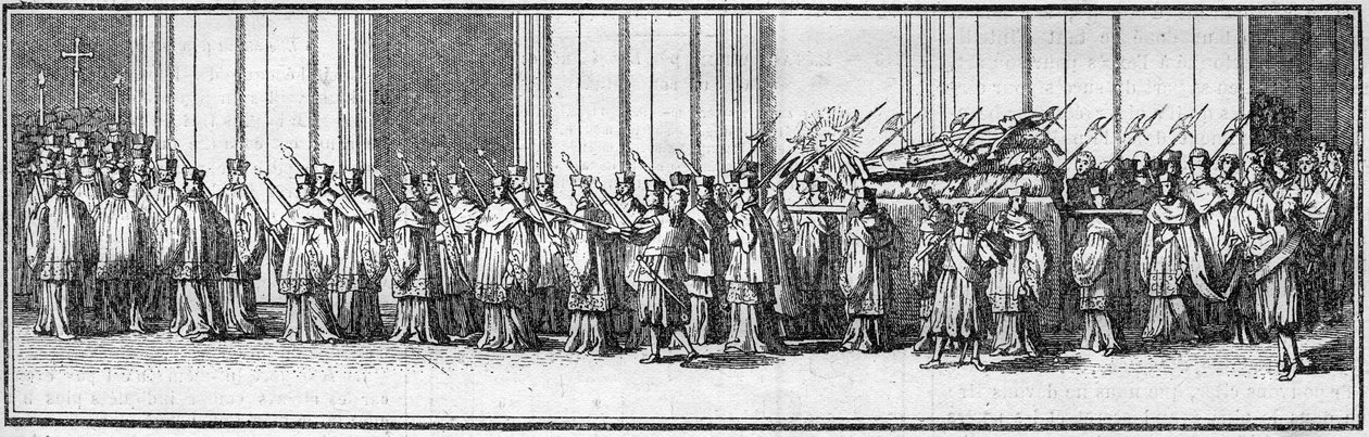 Begräbnis eines Papstes im 18. Jahrhundert: der Leichnam des Papstes wird zur Peterskirche in Rom getragen. Gravur in „Histoire des religions“ von French School