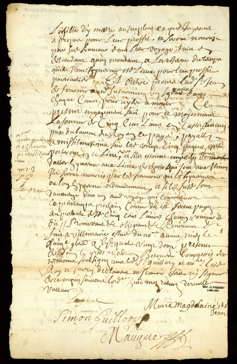Pelzhandelsvertrag zwischen Francois Francoeur und vier Voyageuren für den Transport von Waren und den Kauf von Biberfellen in Michilimackinac und Chicago, 1692 von French School