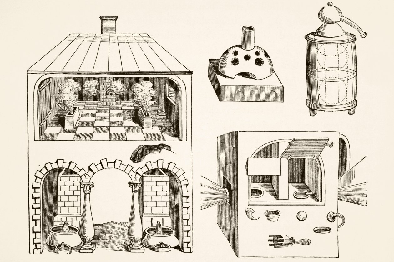 Öfen und verschiedene Apparate, die von Chemikern und Alchemisten im Mittelalter verwendet wurden, nach einem Stich von Vriese, aus Wissenschaft und Literatur im Mittelalter von Paul Lacroix, veröffentlicht in London 1878 von French School