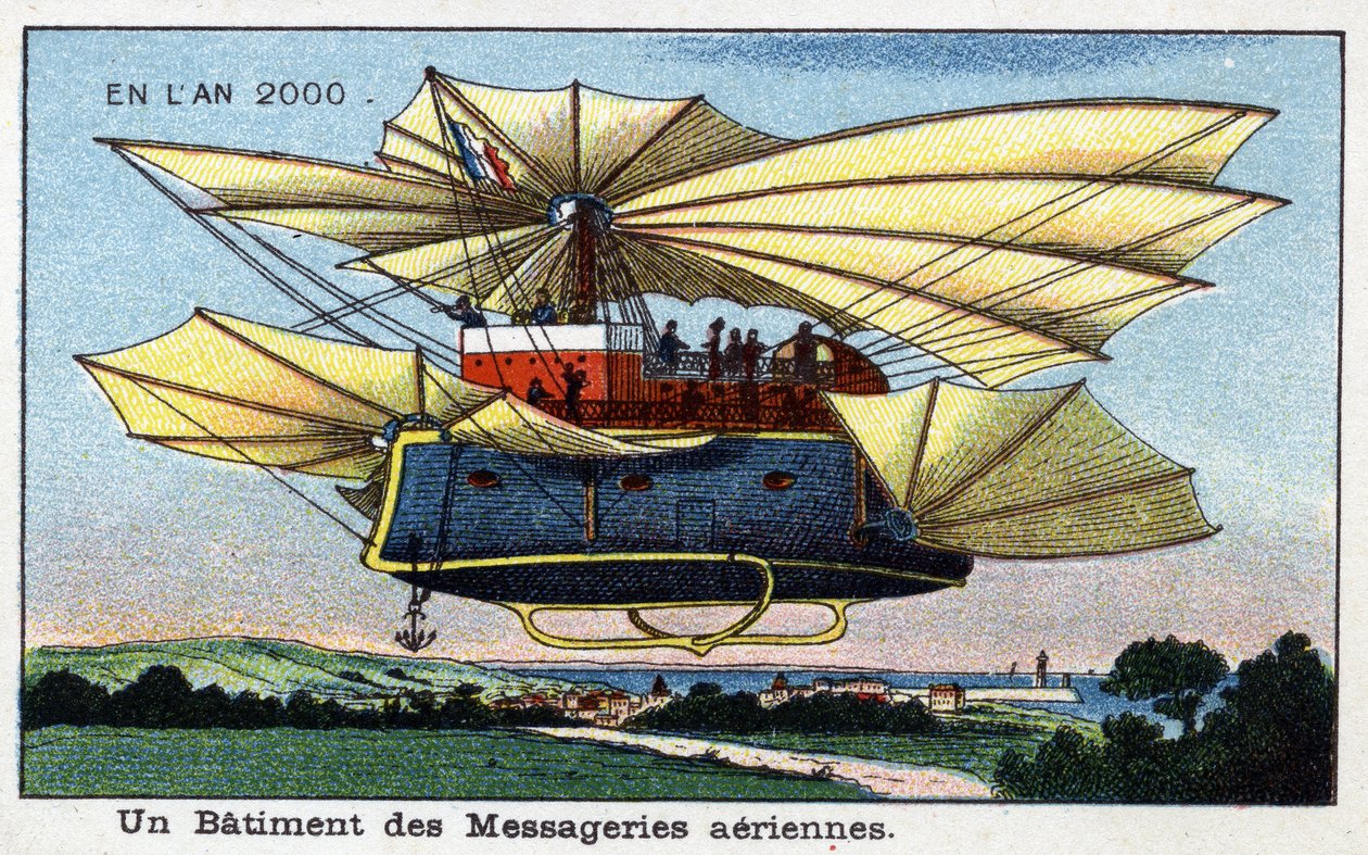 Futuredays: Eine Vision des 19. Jahrhunderts vom Jahr 2000 - Serie „Im Jahr 2000“: Ein Gebäude der Luftpost - Chromolithographie von Villemard von French School