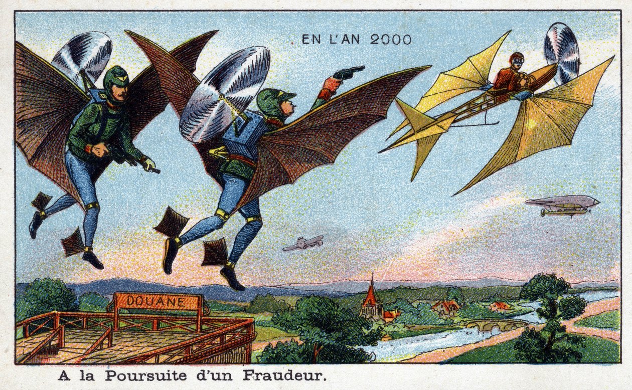 Futuredays: Eine Vision des 19. Jahrhunderts vom Jahr 2000 - Serie „Im Jahr 2000“: Eine Verfolgung eines Betrugs beim Zoll - Chromolithographie von Villemard von French School