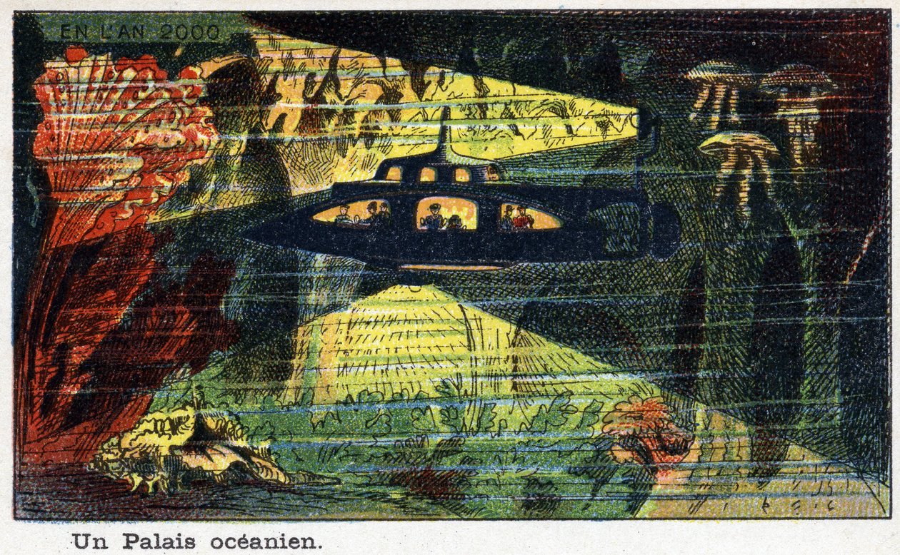 Futuredays: Eine Vision des 19. Jahrhunderts vom Jahr 2000 - Serie „Im Jahr 2000“: Ein Pazifischer Palast (ein kleines U-Boot). Chromolithographie von Villemard von French School