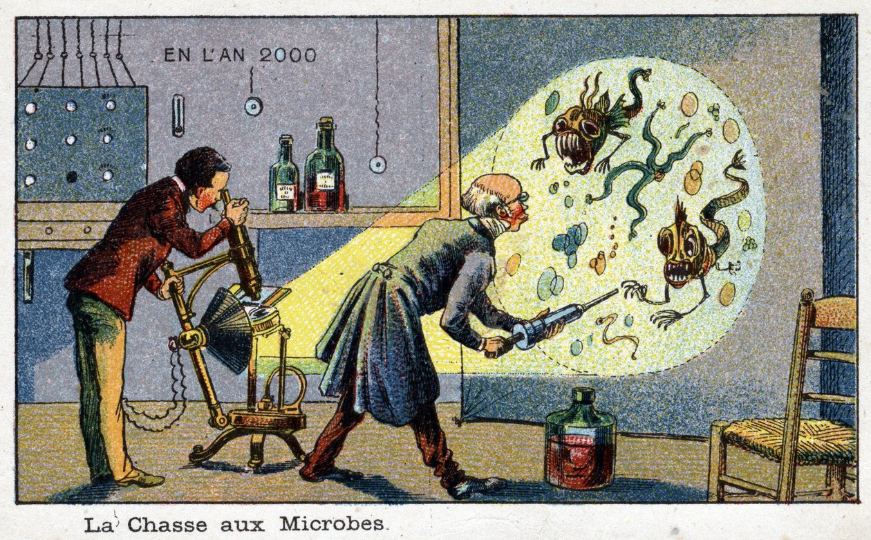 Futuredays: Eine Vision des 19. Jahrhunderts vom Jahr 2000 Serie: Die Jagd auf Mikroben (2 Wissenschaftler entfernen vergrößerte Mikroben mit einer Maschine). Chromolithographie von Villemard von French School