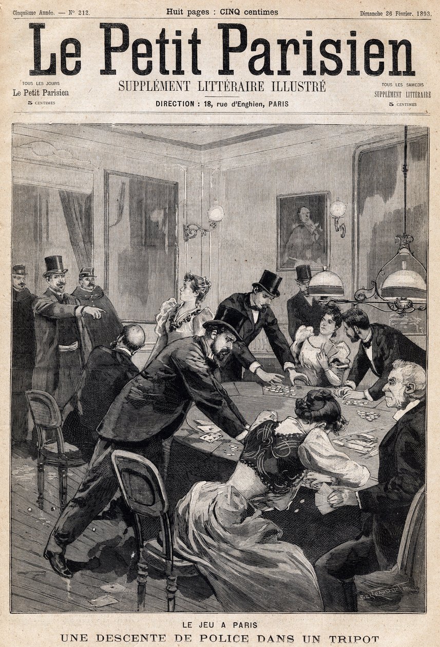 Spielhaus in Paris: Polizeirazzia in einem Glücksspielclub (Casino). In „Le Petit Parisien“ am 26.02.1893 (Gravur) von French School