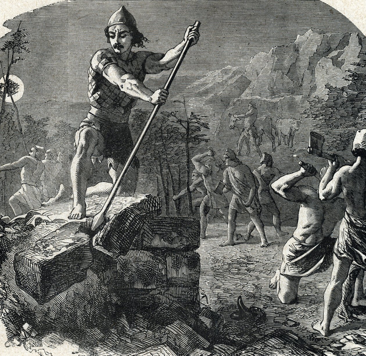 Gideon zerstört den Altar des Baal, der sein Volk in den Götzendienst stürzte. Gravur aus 