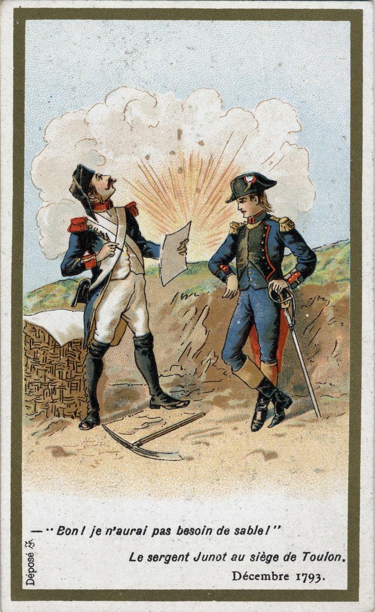 General Jean Andoche Junot (Jean-Andoche) (1771-1813), Herzog von Abrantes, schreibt einen Brief für Napoleon Bonaparte bei der Belagerung von Toulon im Dezember 1793. Eine britische Kugel bedeckte das Papier von Unteroffizier Jugnot mit Erde: „Nun,“ sagte von French School