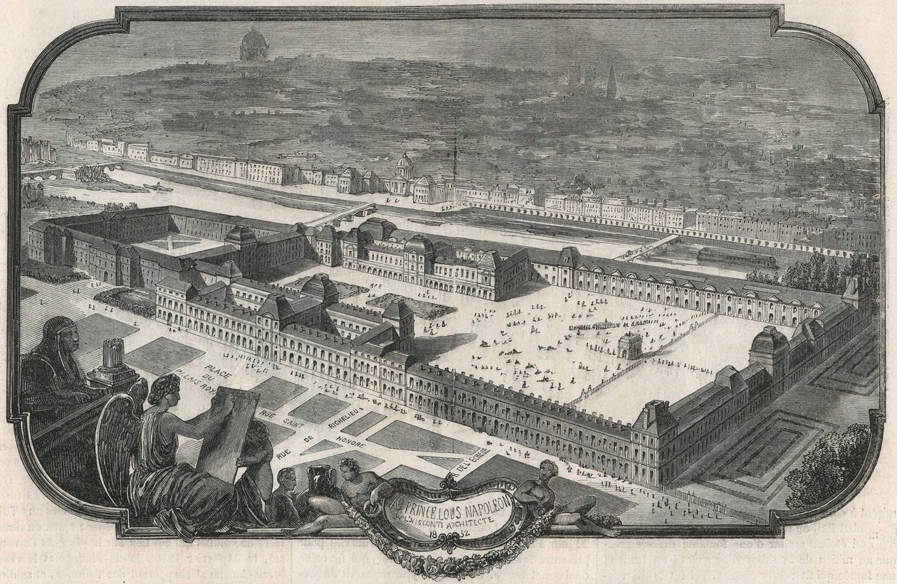 Gesamtansicht des Palais du Louvre und der Tuilerien im Jahr 1852 - Gravur in „Tableau-de-Paris“ von Edmond Texier 1852 von French School