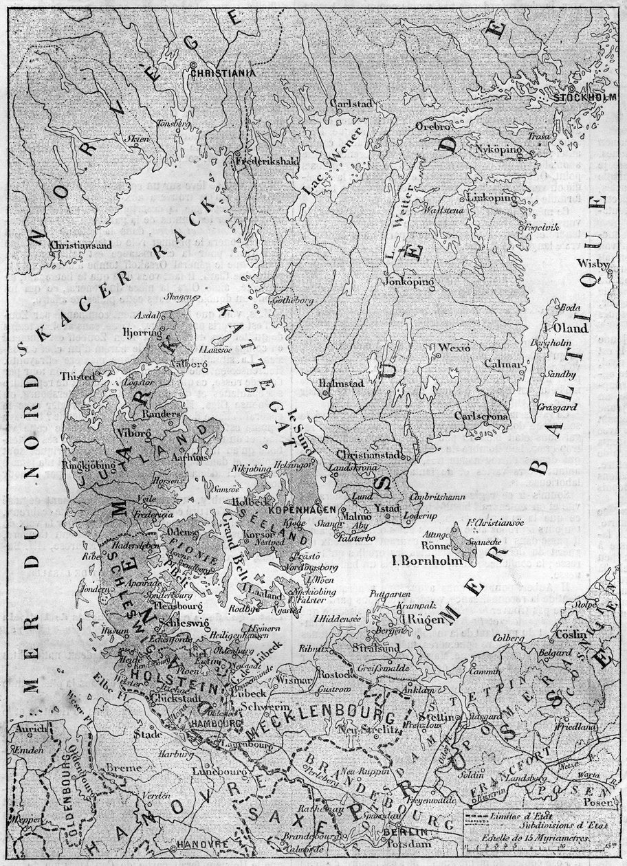 Geografische Karte von Dänemark im Jahr 1861, mit den Herzogtümern Schleswig, Holstein und Lauenburg. Gravur in „Le Monde Illustré“ Nr. 200 vom 9. Februar 1861 von French School