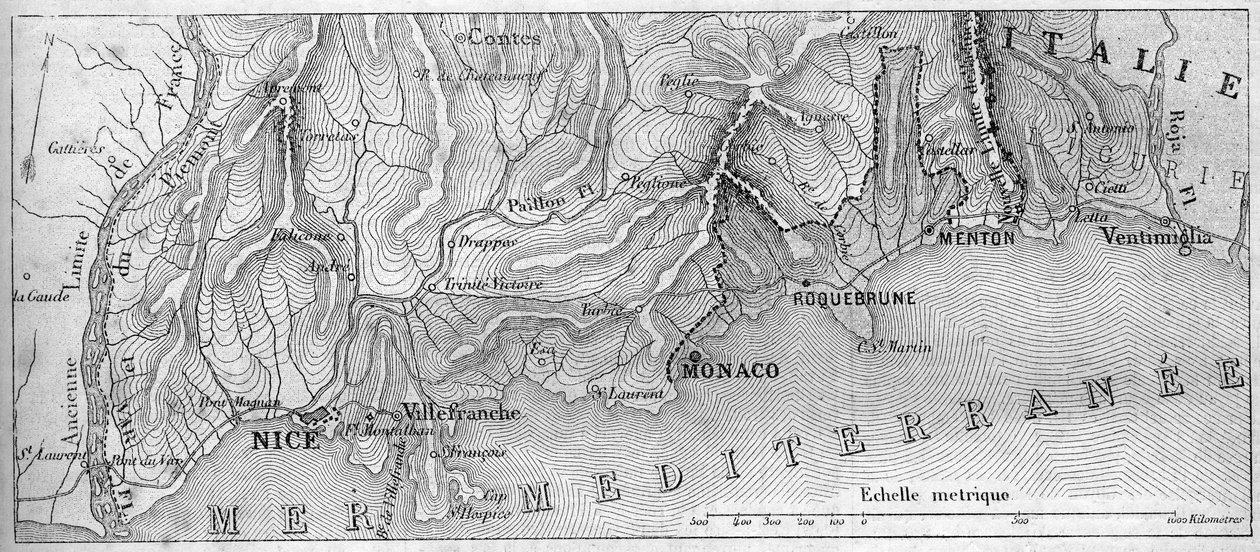 Geografische Karte des Fürstentums Monaco, 1861, vor dem Beitritt der Städte Roquebrune und Menton zu Frankreich. Gravur in „Le Monde Illustré“ Nr. 202 vom 23. Februar 1861 von French School