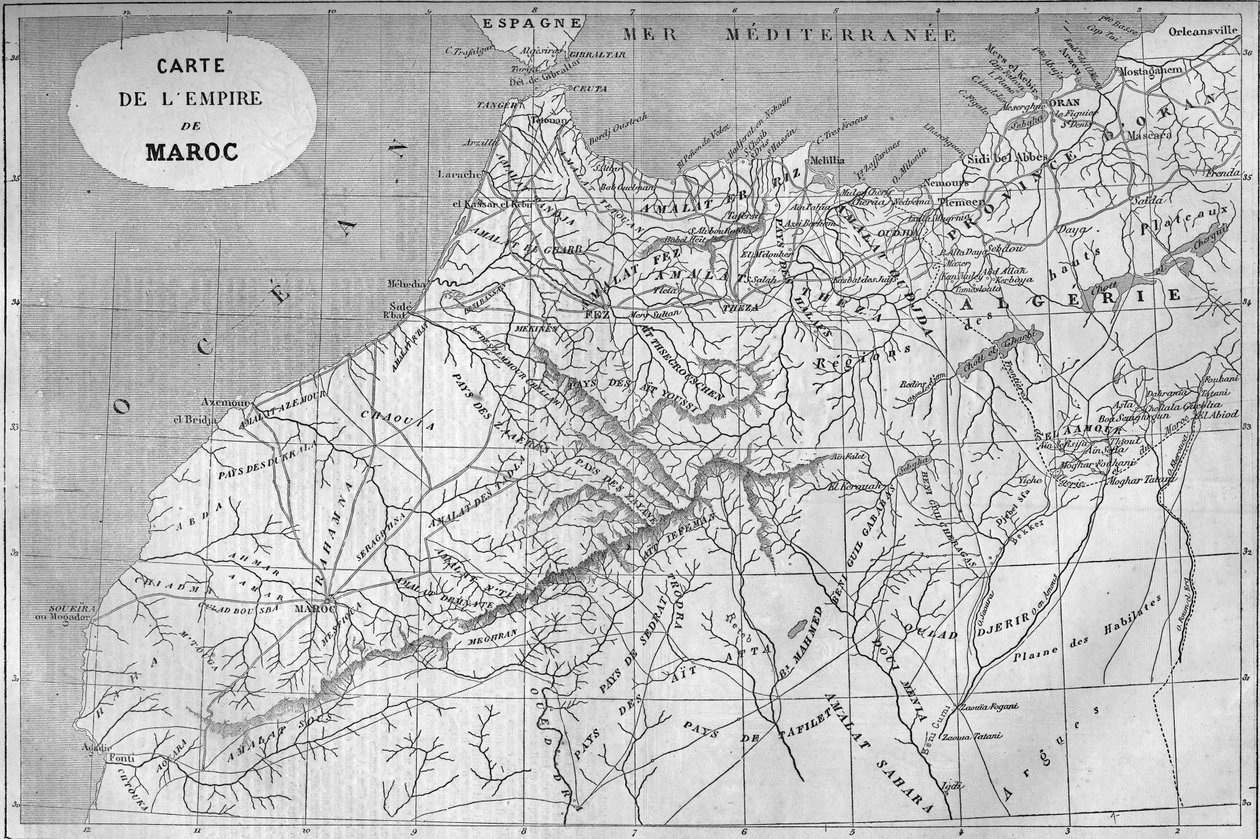 Geografische Karte des Reiches Marokko im Jahr 859. Gravur in „Le Monde Illustré“ Nr. 129 vom 1. Oktober 1859. von French School
