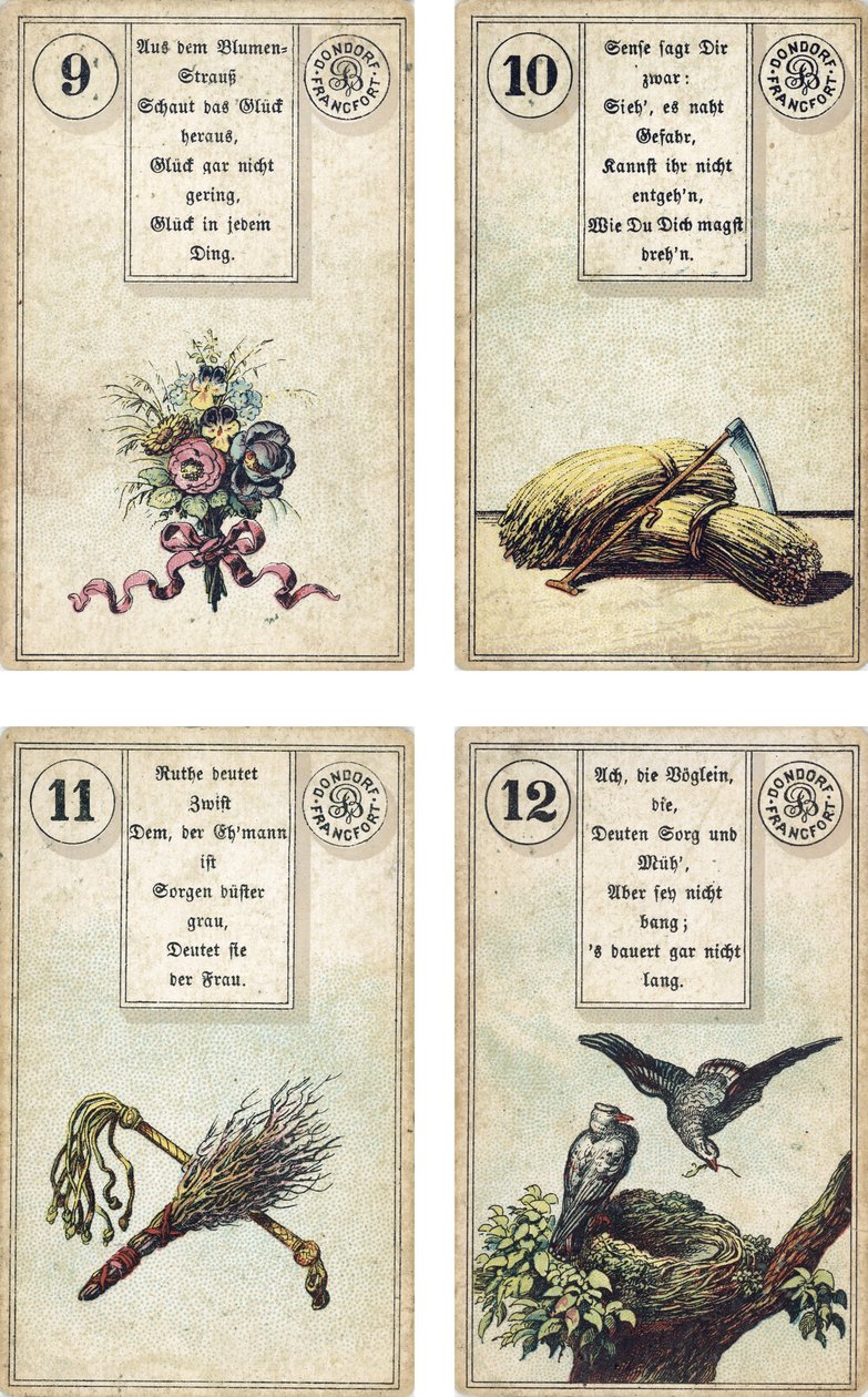 Deutsche Ausgabe des Lenormand französischen Kartendecks: Die Blumen, Die Sense, Die Rute, Die Vögel, veröffentlicht von Dondorf, Frankfurt, 19. Jahrhundert von French School