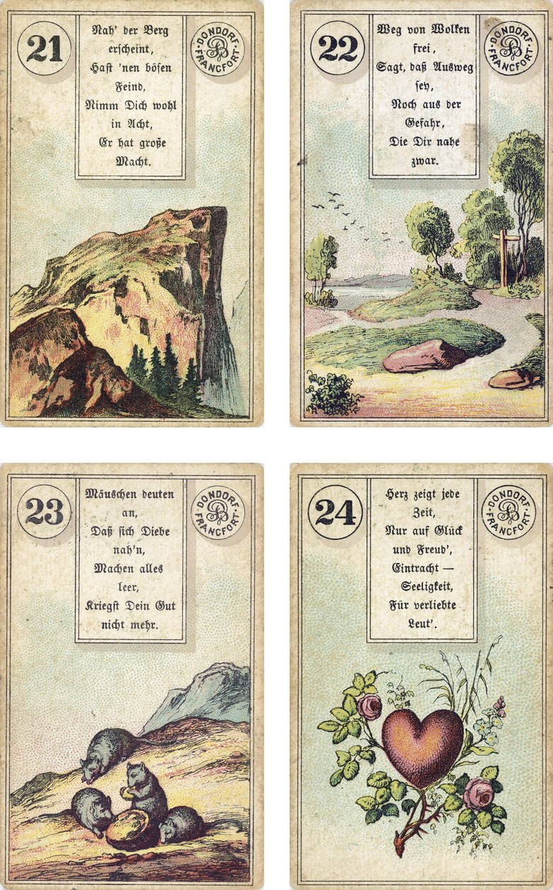 Deutsche Ausgabe des Lenormand französischen Kartendecks: Der Berg, Der Weg, Die Mäuse, Das Herz, veröffentlicht von Dondorf, Frankfurt, 19. Jahrhundert von French School