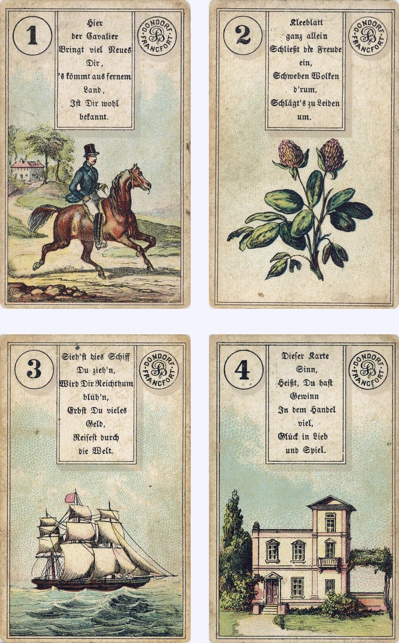 Deutsche Ausgabe des Lenormand französischen Kartendecks: Der Reiter, Das Kleeblatt, Das Schiff, Das Haus, veröffentlicht von Dondorf, Frankfurt, 19. Jahrhundert von French School