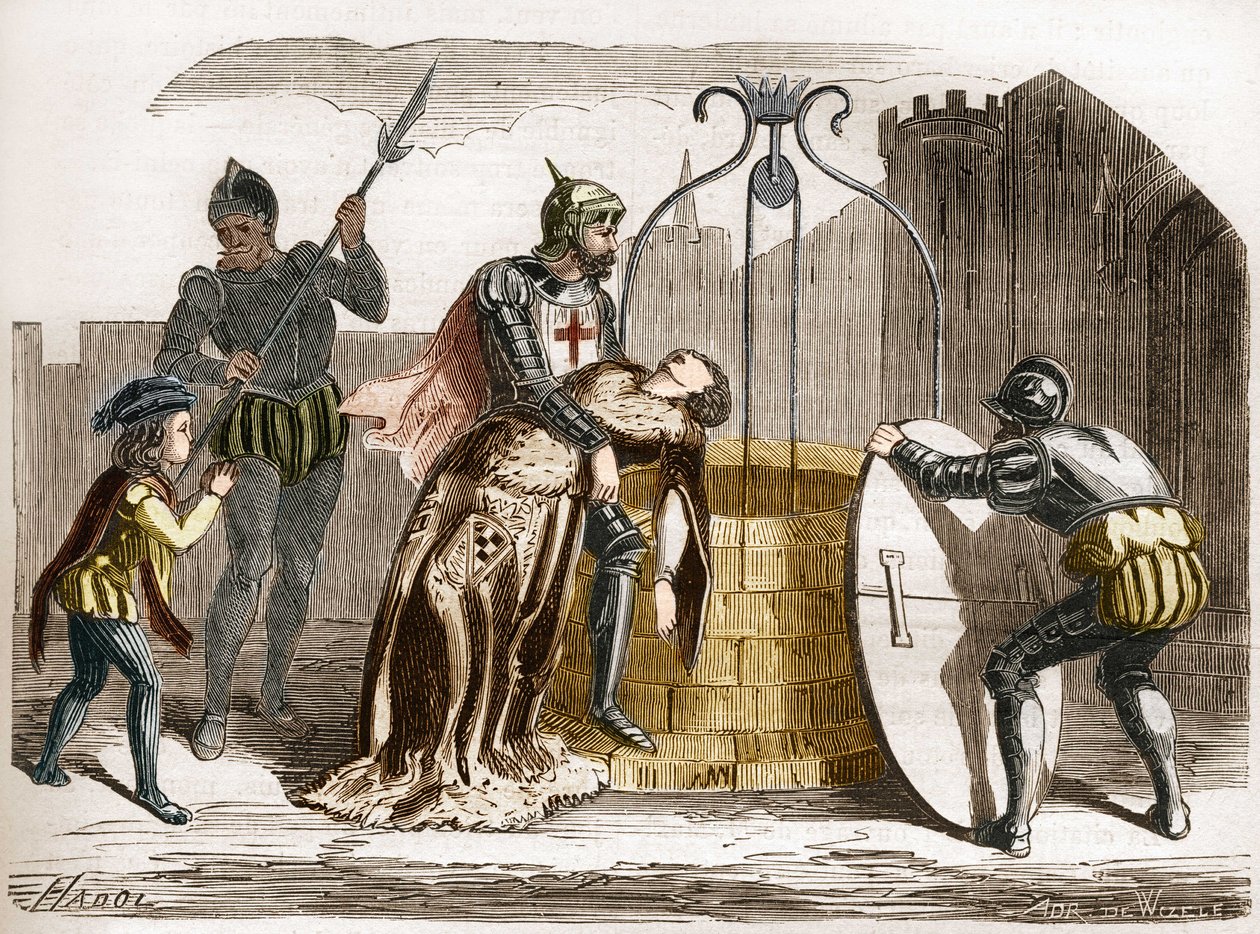 Gilles de Rais (Retz oder Rays) (1404-1440), Marschall von Frankreich, lässt seine Frau sterben. Gravur in „Die Geschichte der Prostitution und Ausschweifung bei allen Völkern der Welt von der Antike bis zur Gegenwart“ von Dr. Th. -F. Debray, 1879. von French School