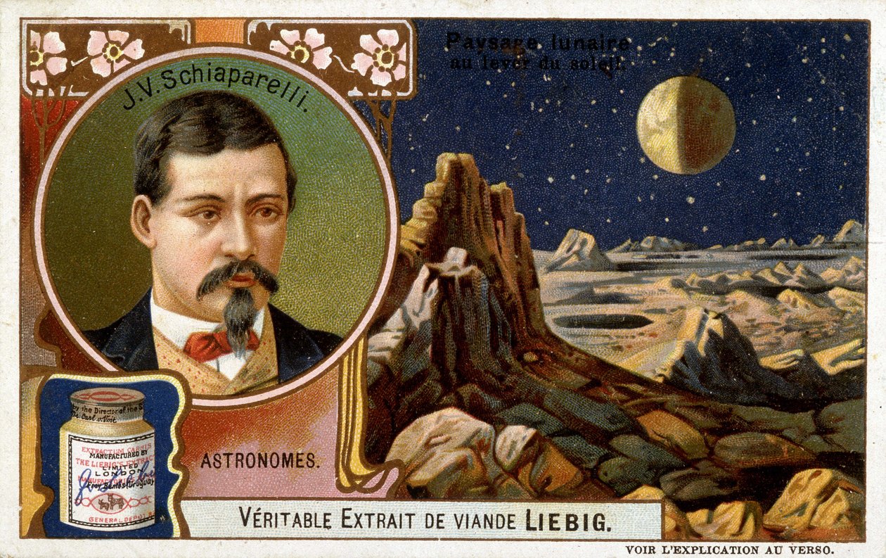 Giovanni Virginio Schiaparelli (1835-1910), italienischer Astronom und Mondlandschaften - Chromolithographie Liébig, ca. 1900 von French School
