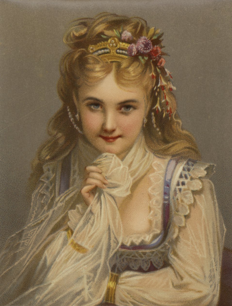 Mädchen mit blondem Haar, Juwelen, Blumen und schelmischem Lächeln (Chromolithografie) von French School