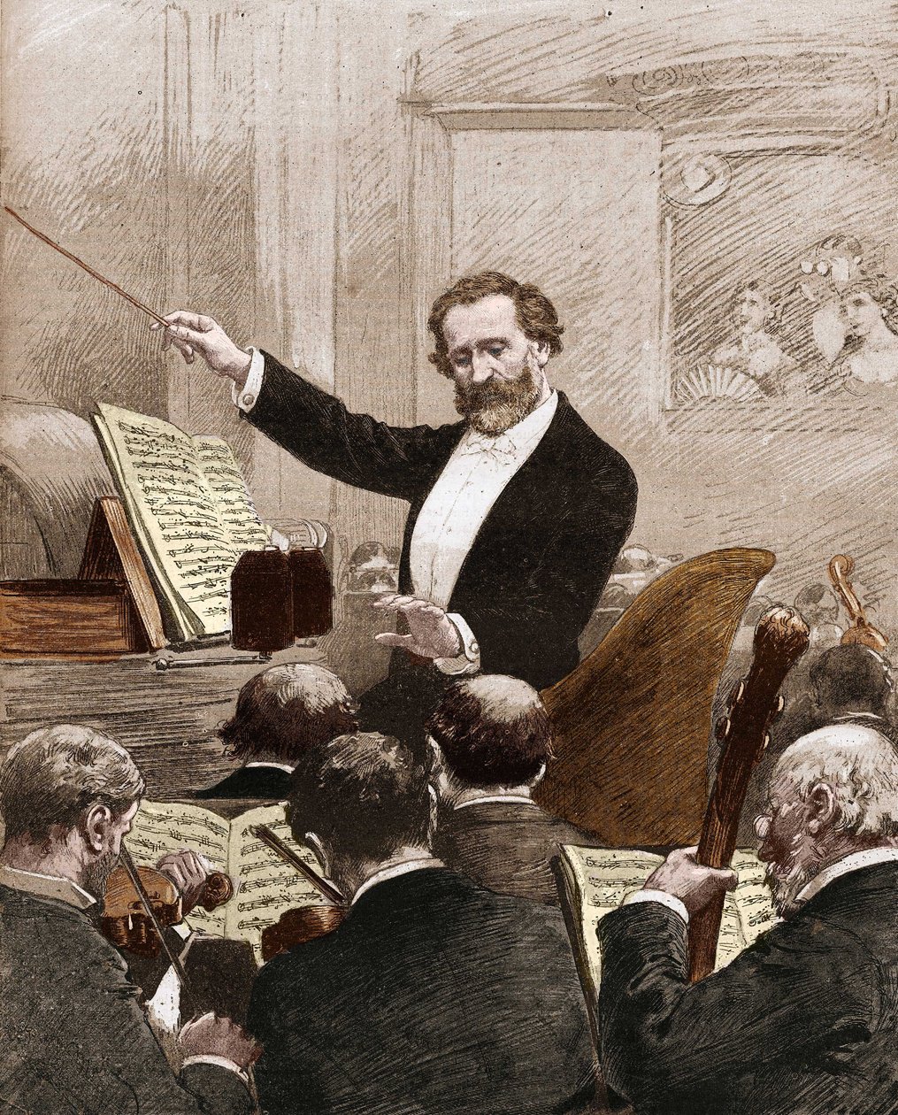 Giuseppe Verdi dirigiert das Opernorchester bei der ersten Aufführung von „Aida“ in Paris im Jahr 1880 von French School