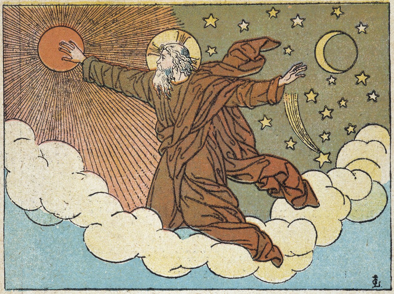 Gott: 4. Tag der Schöpfung - in „Heilige Geschichte in 120 Bildern“, ed. Maison de la Bonne Presse, Paris von French School