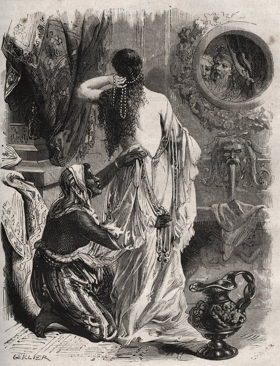 Griechische Mythologie: Der König von Lydien, Candaule, zeigt seinem Vertrauten Gyges seine nackte Frau, die sich im Schlafzimmer entkleidet. Gravur von 1871 in "Histoire Des Cocus Celebres" von Henry de Kock (1819-1892) von French School