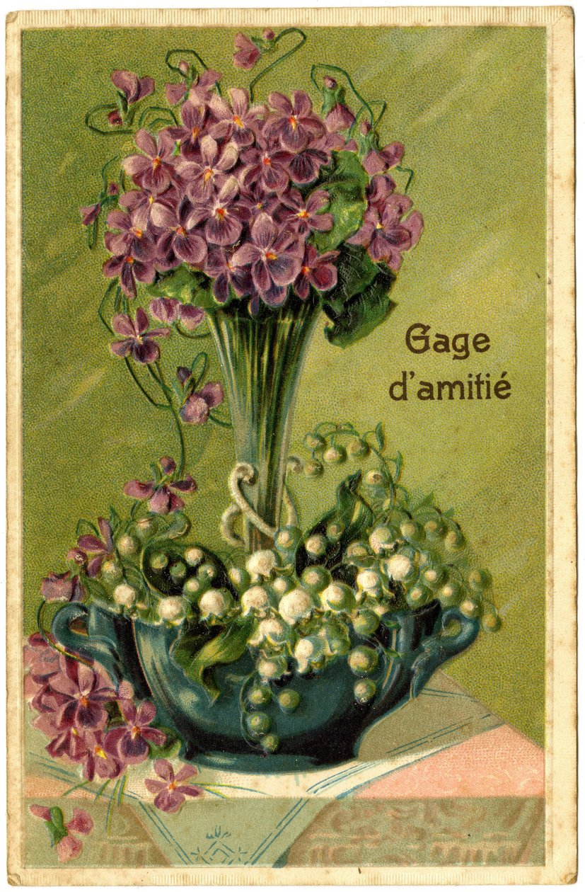 Grüße mit Blumenstrauß und Maiglöckchenzweigen. von French School