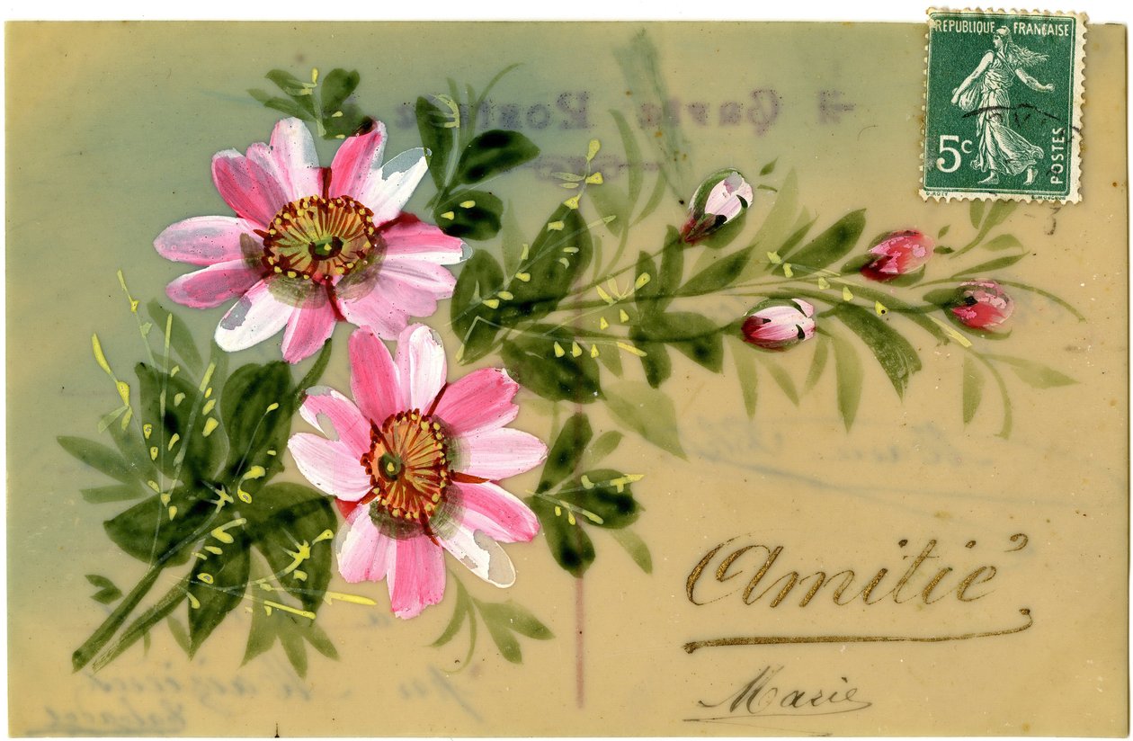 Grüße mit Blumenpflanze. Postkarte Anfang des 20. Jahrhunderts. von French School