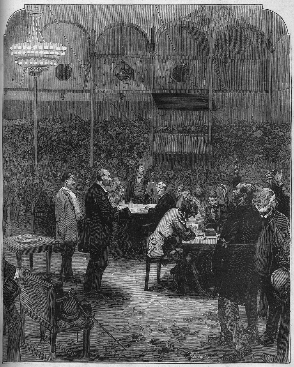 Streik der Kutscher von Paris im Jahr 1878: Wahl der Delegierten zur Gesellschaft der Petites Cars im Zirkus Fernando. Gravur in „Le Monde Illustré“ Nr. 1116 vom 17. August 1878. von French School