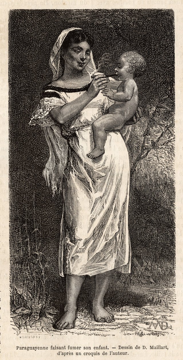 Guaranie-Frau raucht ihrem Kind die Zigarre, das auf ihrer Hüfte reitet, um seine Schreie zu beruhigen, Gravur nach der Zeichnung von D. Maillart, zur Illustration der Reise nach Paraguay 1872-1873, von L. Forgues, veröffentlicht in „Le tour du monde“ 1874 von French School