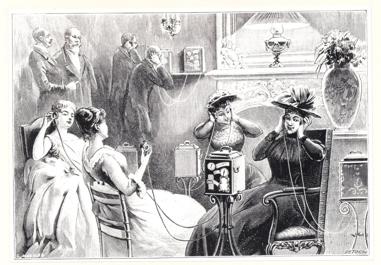 Gäste in einem Pariser Hotel hören direkte Übertragungen von Opern- oder Theateraufführungen auf Marinovitchs und Szarvadys Theatrophone, aus La Nature, veröffentlicht 1892 von French School