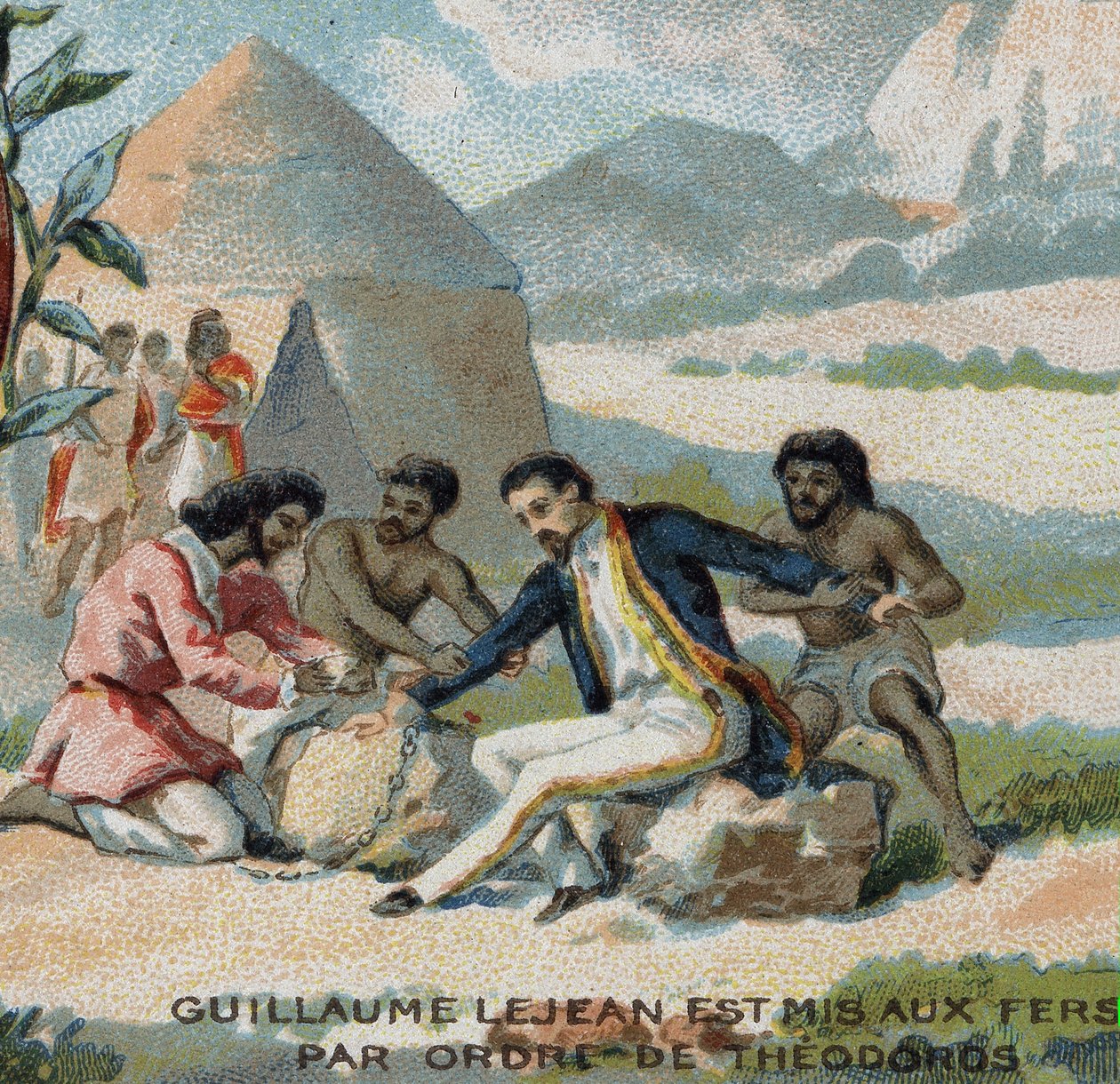Guillaume Lejean, ein französischer Entdecker, wurde auf Befehl von Kaiser Theodoros von Abessinien (heutiges Äthiopien) in Ketten gelegt. Chromolithographie aus dem 19. Jahrhundert. von French School