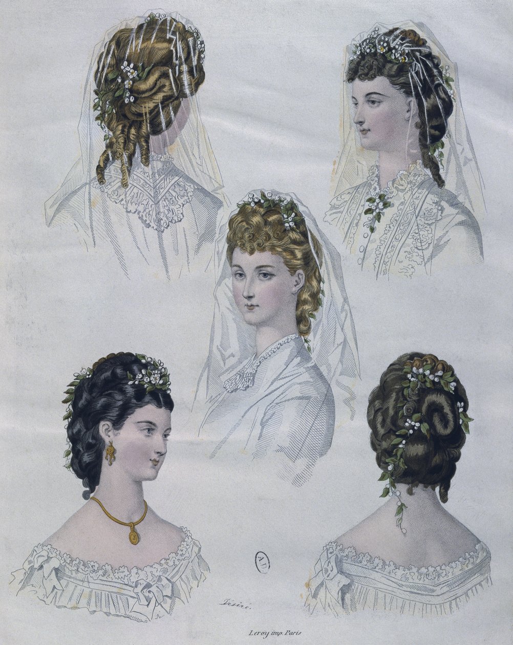 Frisuren, Illustration aus La Mode illustrée, 1872 (Farbstich) von French School