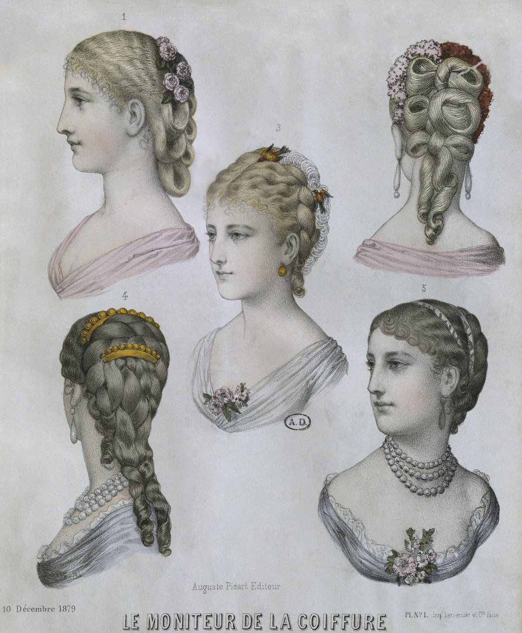 Frisuren, Illustration aus Le Moniteur de la Coiffure, 10. Dezember 1879 (Farbstich) von French School