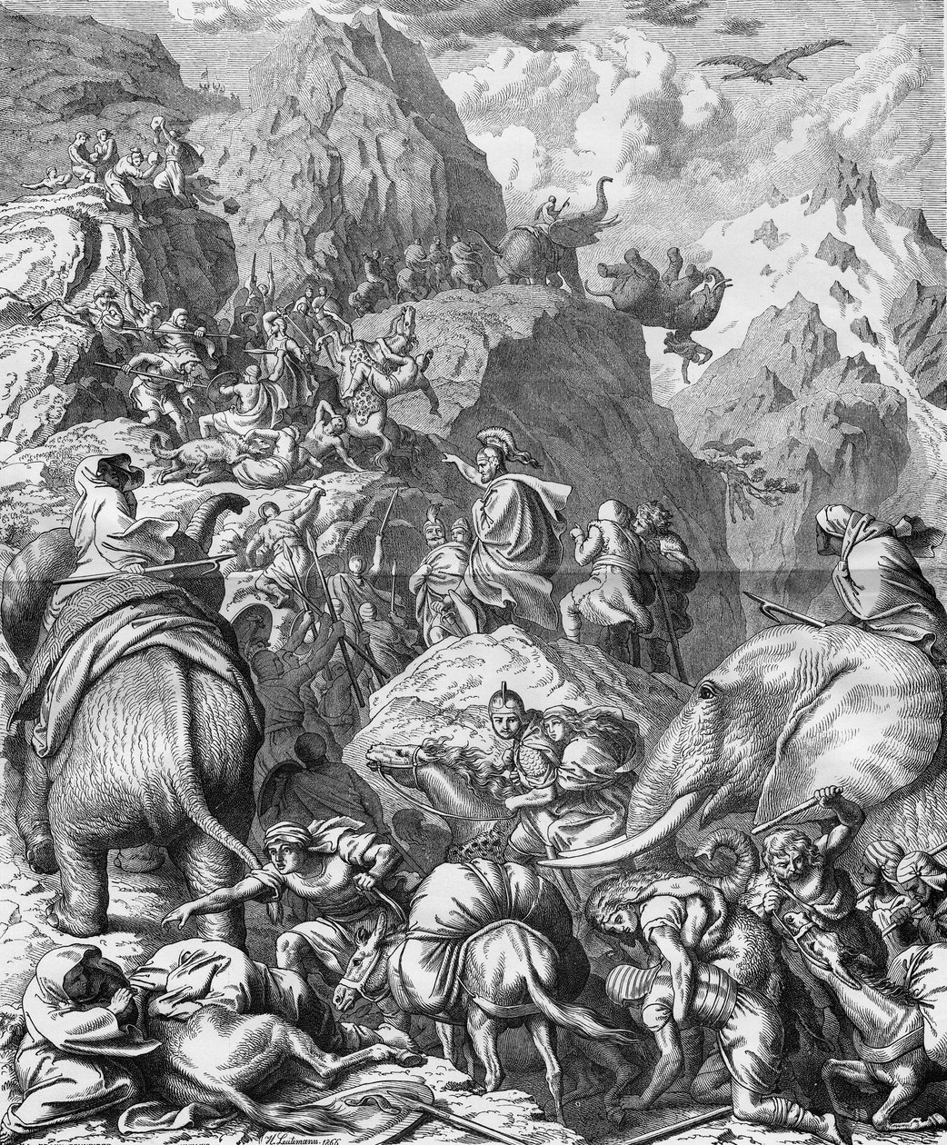 Hannibal überquert die Alpen mit Elefanten, um nach Italien zu gelangen (Zweiter Punischer Krieg). Gravur des 19. Jahrhunderts von French School