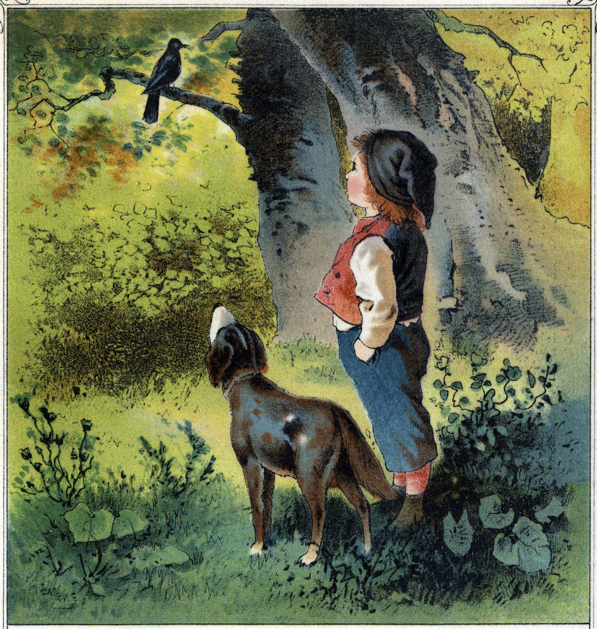 Henri beobachtet eine Amsel auf einem Ast im Wald und denkt darüber nach, wie sein Leben als Vogel wäre. Chromolithographie aus „Kindheitsszenen“, ed. Guerin - Muller um 1885. von French School