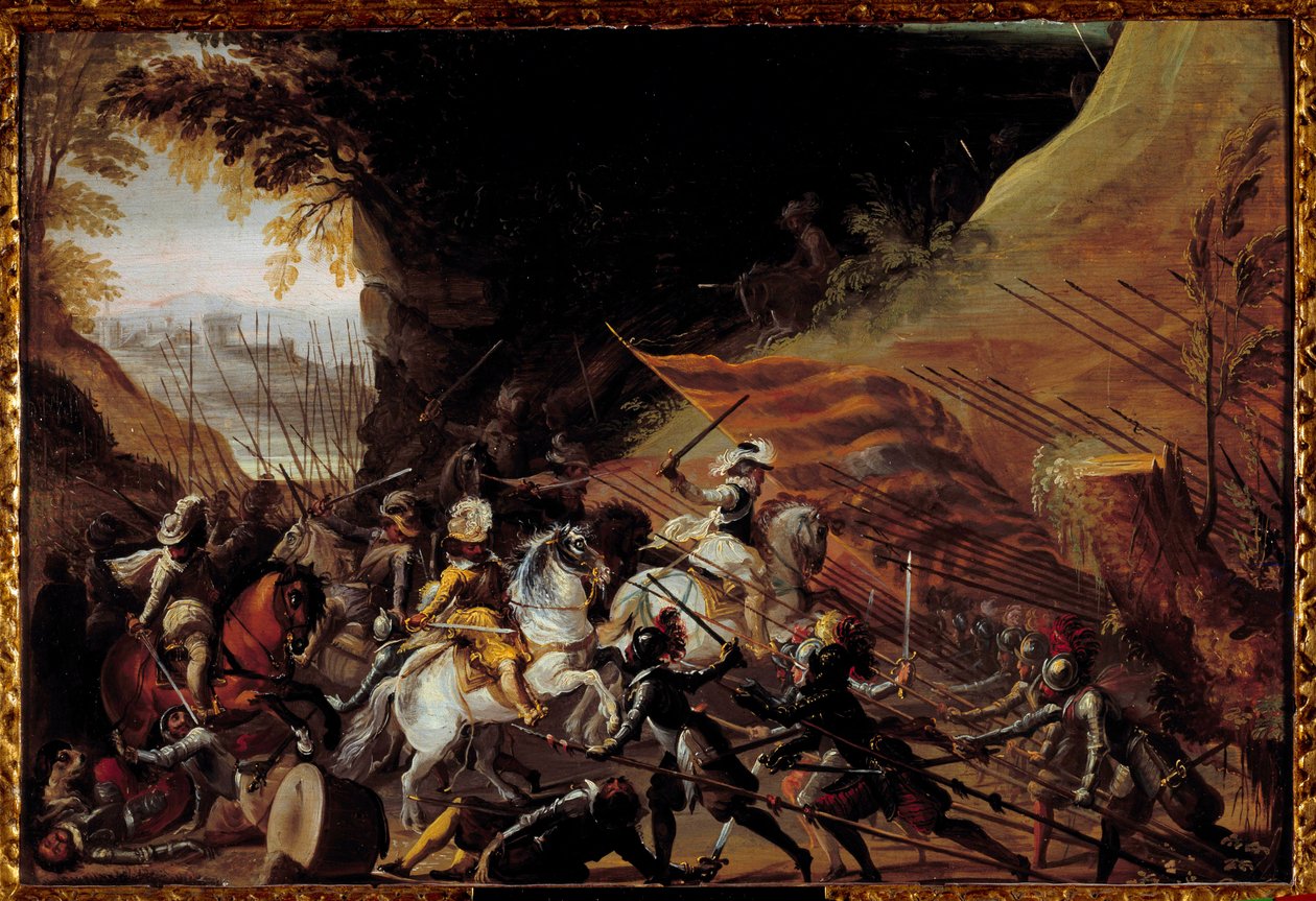 Heinrich IV. (1589-1610) führt seine Kavallerie an. Anonymes französisches Gemälde des 17. Jahrhunderts. Öl auf Holz. Dim: 0,35 x 0,52m. Pau, Musee Du Chateau von French School
